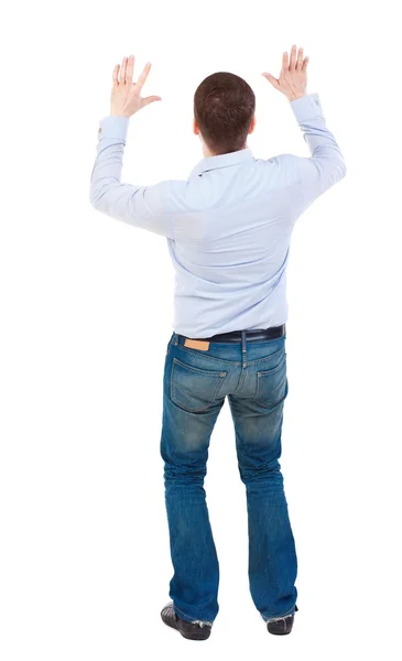 Businessman defends his hands on top of something — Stock Photo, Image