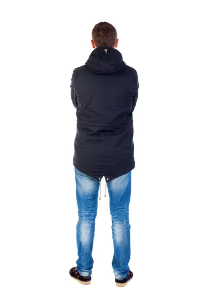 Back view of handsome man in winter jacket  looking up. Royalty Free Stock Photos