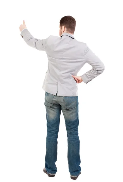 Vista traseira do homem de negócios mostra polegares — Fotografia de Stock