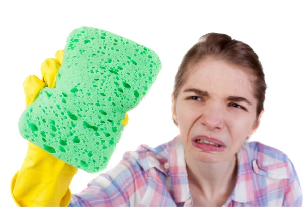 Dona de casa em luvas com detergente e esponja. — Fotografia de Stock