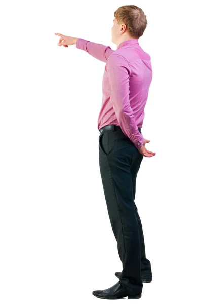 Vista posterior de apuntando a jóvenes empresarios en camisa rosa. — Foto de Stock