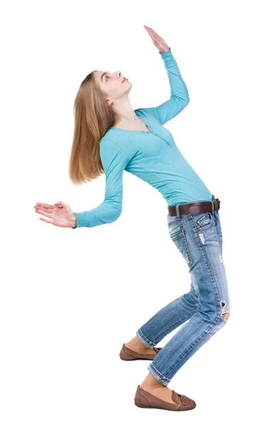 Balancing jonge vrouw. of ontwijken vallende vrouw — Stockfoto
