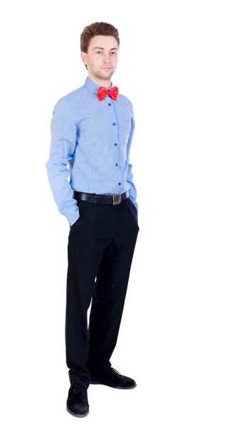 Smiling businessman in a bow tie looking up. — Stock Photo, Image