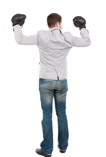 Empresario con guantes de boxeo en la lucha contra la postura. — Foto de Stock