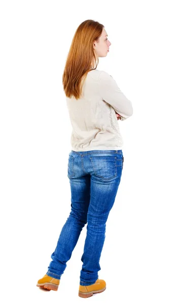 Vista della giovane donna bella in piedi posteriore — Foto Stock