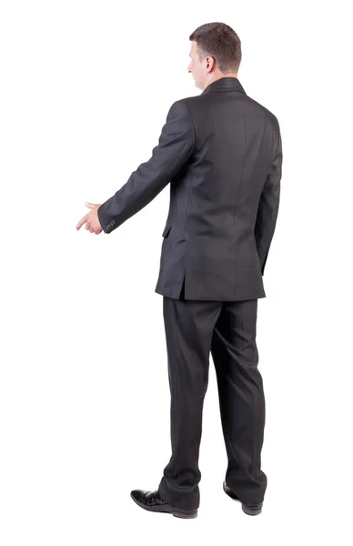 Seitenansicht des Kaufmanns im schwarzen Anzug handshake — Stockfoto