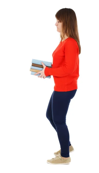 Chica viene con pila de libros. —  Fotos de Stock