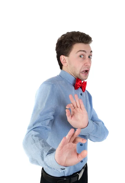 Guy in a shirt and bow tie locked arms experiencing negative emo — Stock Photo, Image