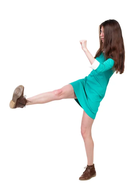 Kollarını ve bacaklarını sallıyor sıska kadın komik savaşır. — Stok fotoğraf