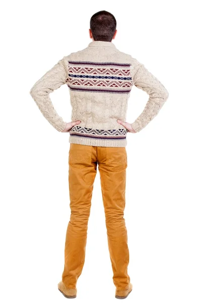 후면 따뜻한 스웨터 찾고에 잘생긴 남자의 모습. — 스톡 사진