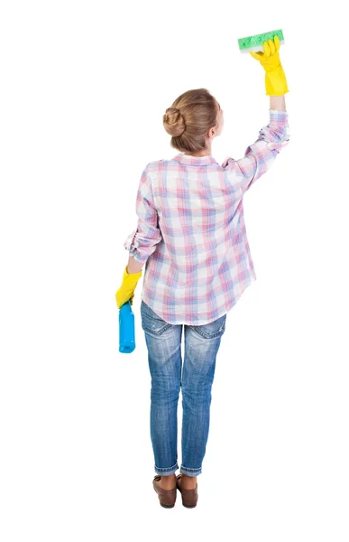 Vista posterior de un ama de casa en guantes con esponja y detergente. —  Fotos de Stock