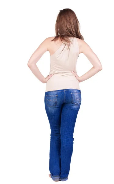 Back view of beautiful yong woman  looks ahead. rear . — Stock Photo, Image