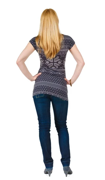 Back view of standing beautiful blonde woman. — Stock Photo, Image