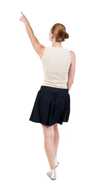 Vista posterior de poca mujer en vestido. hermosa chica rubia en m —  Fotos de Stock