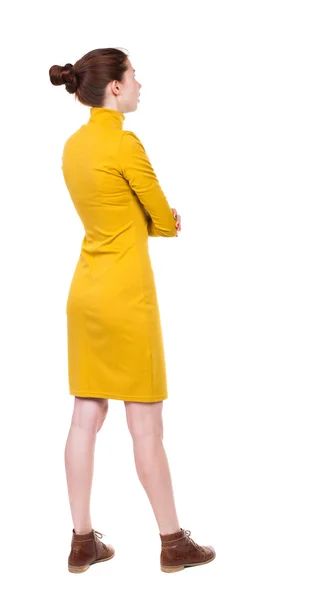 Rückseite der stehenden jungen schönen Frau im Kleid. — Stockfoto