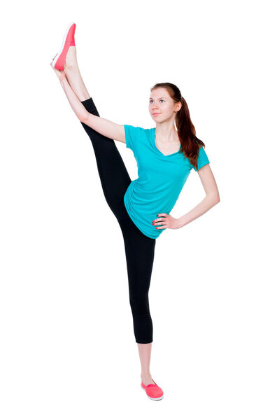 back view of standing young beautiful  woman in sport dress  inv