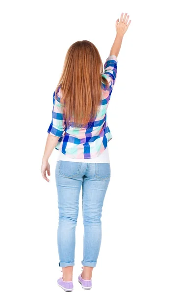 Mulher feliz cumprimenta alguém. menina acenando. — Fotografia de Stock