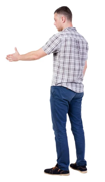 Vista do lado traseiro do homem no handshake de camisa. — Fotografia de Stock