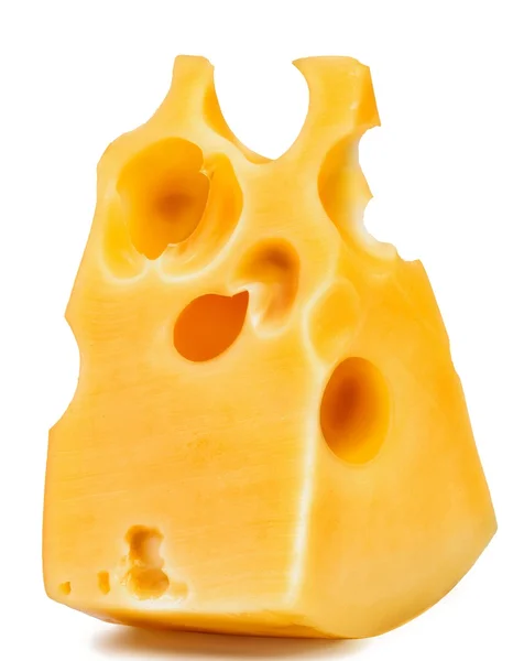 Stuk kaas. een driehoekige plakje kaas met gaten — Stockfoto
