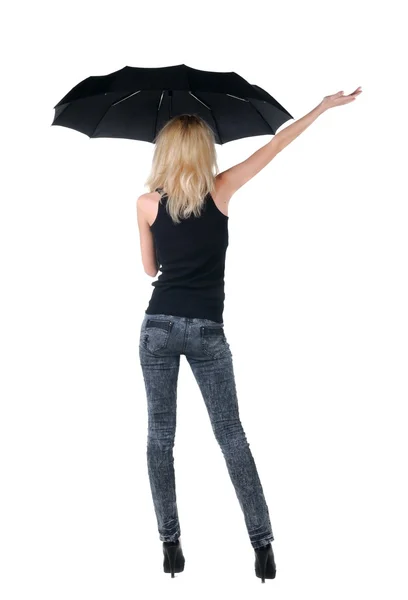 한 우산 아래 금발 머리 젊은 여자. 흰색 위에 절연. — 스톡 사진