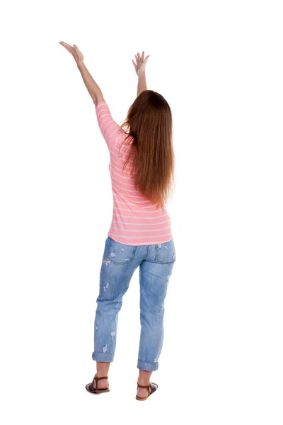 Mujer feliz con las manos arriba vista trasera —  Fotos de Stock