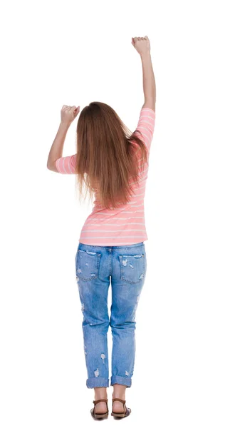 Happy woman with hands up Back view — Stock Photo, Image