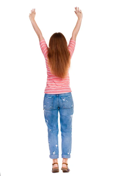 Happy woman with hands up Back view — Stock Photo, Image