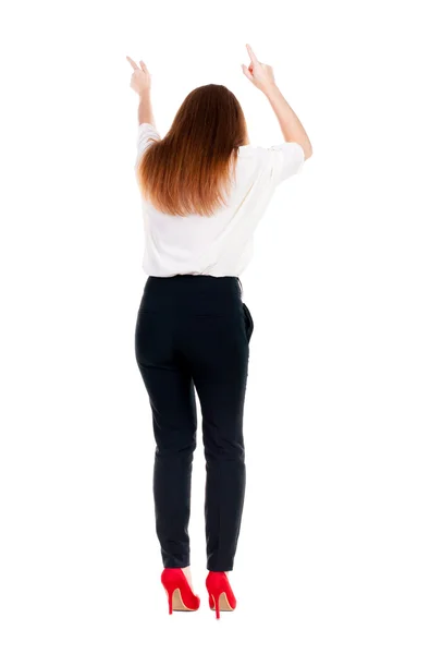 Mujer feliz con las manos arriba vista trasera —  Fotos de Stock