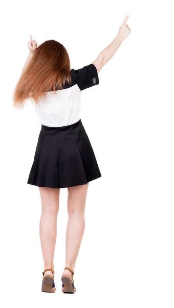 Mujer feliz con las manos arriba vista trasera — Foto de Stock