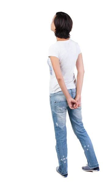 Женщина стоя в вид сзади джинсы — стоковое фото