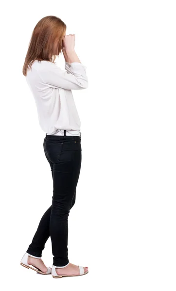 Standing sad woman Back view — Stock Photo, Image