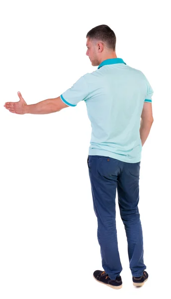 Terug zijaanzicht van de mens in shirt handdruk. — Stockfoto