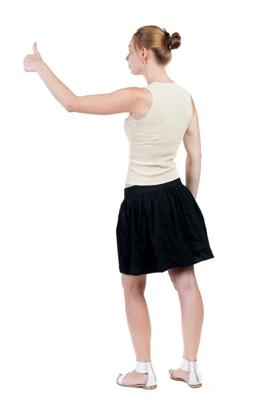 Mujer señalando pulgar hacia arriba — Foto de Stock