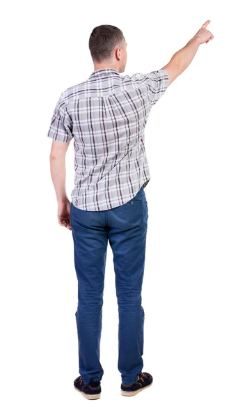 Widok wskazując młodych mężczyzn koszula i jeansy z tyłu. — Zdjęcie stockowe