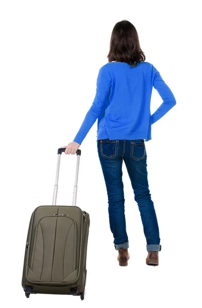 スーツケースに女性の背面図. — ストック写真