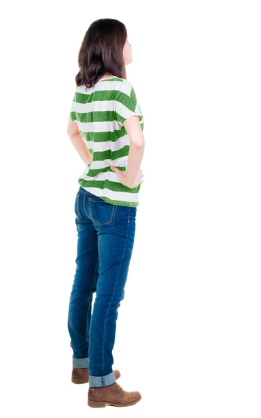 Back view of brunette woman in green t-shirt — Stock Photo, Image