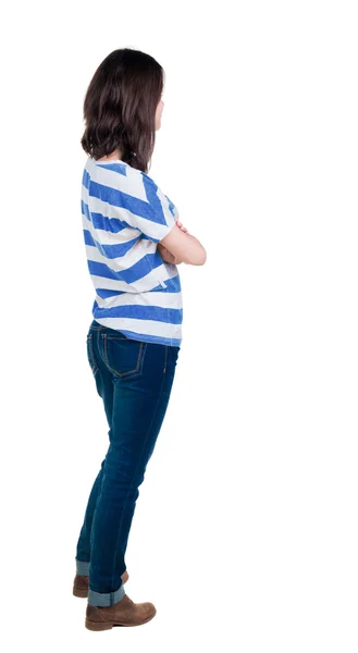 Bakifrån av brunett kvinna i blå t-shirt — Stockfoto