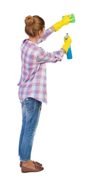 Housewife in gloves with sponge — Stock Photo, Image