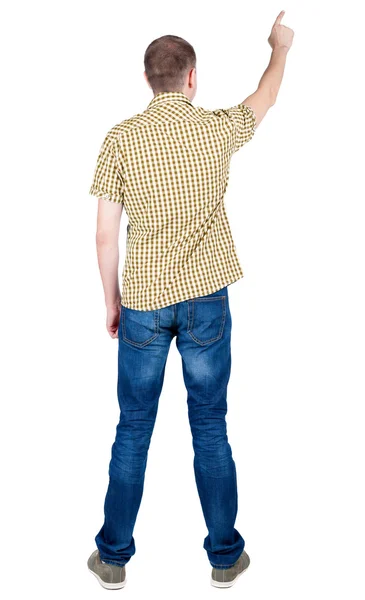 Homem de camisa quadriculada, apontando para cima — Fotografia de Stock