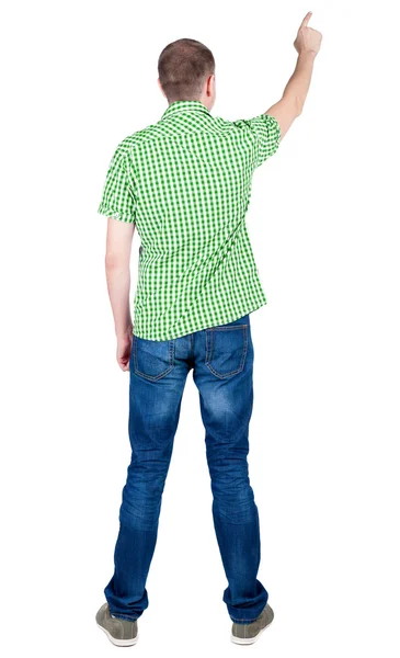 Man in checkered shirt pointing up — Stock Photo, Image