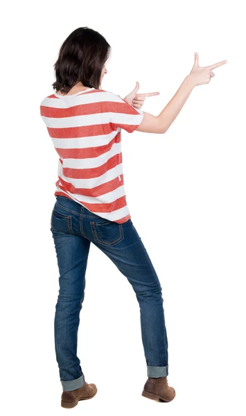 Mujer apuntando al espacio de copia — Foto de Stock