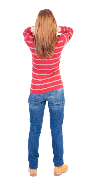 Shocked woman in blue jeans — Stock Photo, Image