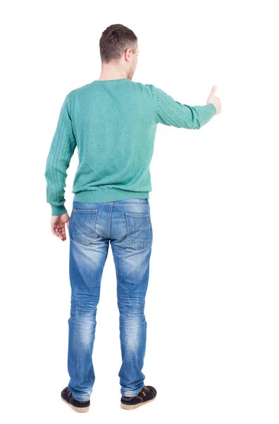 Man in green pullover showing thumb up — Stock Photo, Image