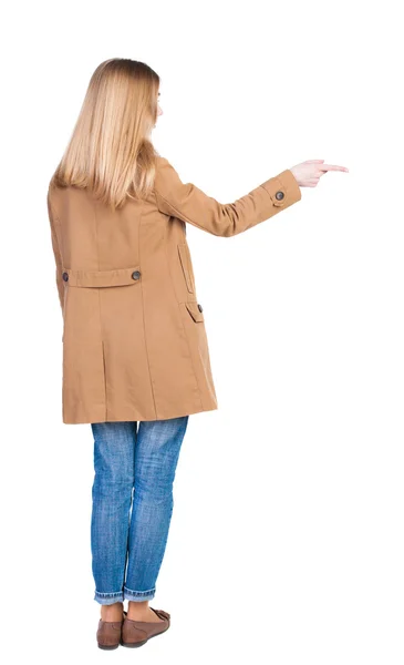 Woman presses down at copy space — Stock Photo, Image