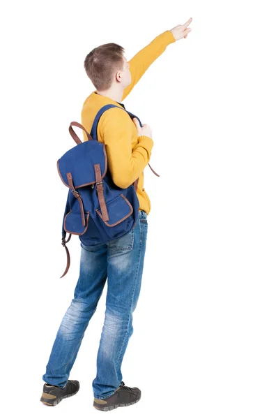 Man with backpack pointing up — Stock Photo, Image