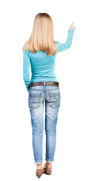 Woman pointing at copy space — Stock Photo, Image