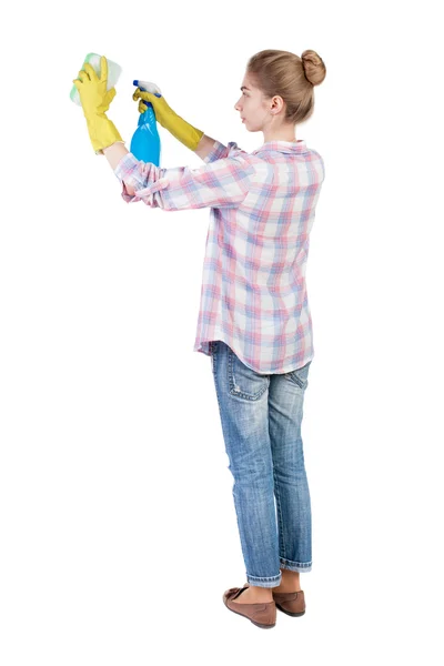 Housewife in gloves with sponge — Stock Photo, Image