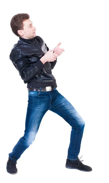 Man pulling a rope from the top — Stock Photo, Image