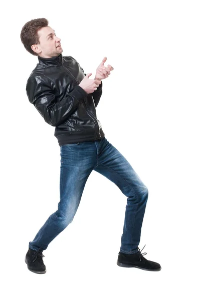 Man pulling a rope from the top — Stock Photo, Image