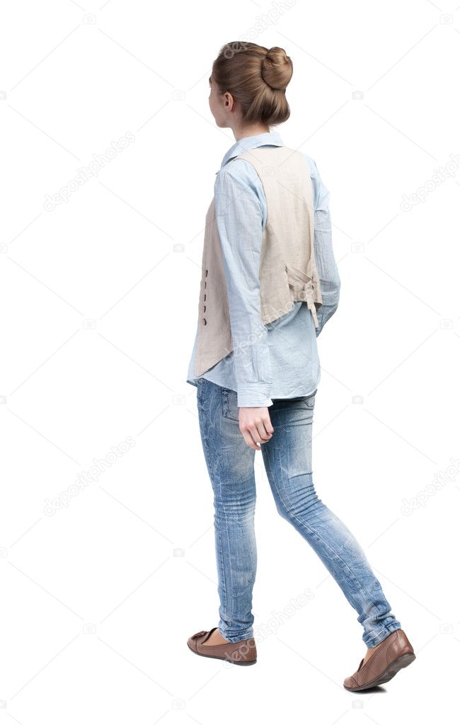 walking  woman in vest